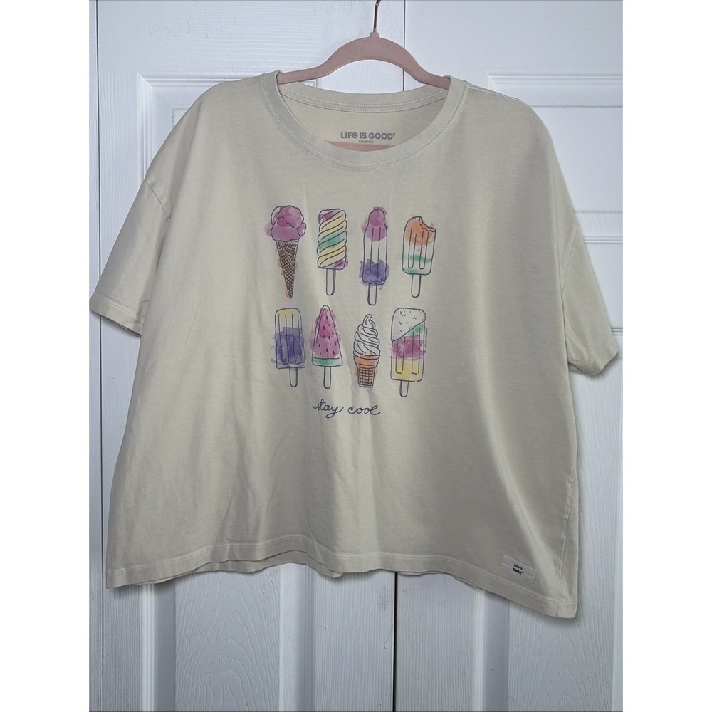 Life is Good Crusher T-Shirt Womens XXL Beige Ice Cream Stay Cool Cotton Tee